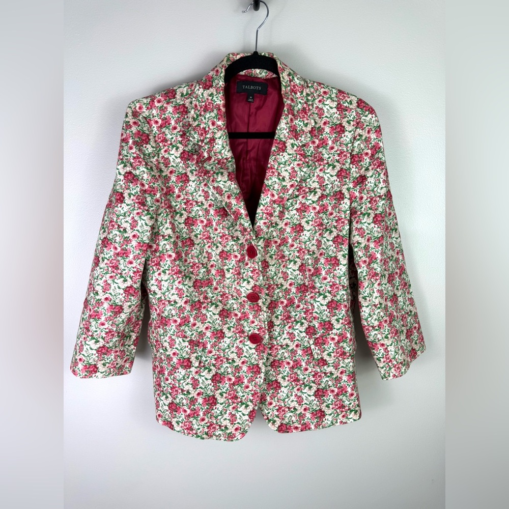 Talbots Blazer Womens 16W Pink Floral Print Cotton Spandex Jacket Career Spring